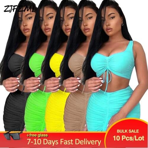 Bulk Items Wholesale Lots Women Two Piece Skirt Sets Ruched Drawstring Slim Fit Tank Top+bodycon Mini Dress Sexy Matching Suit