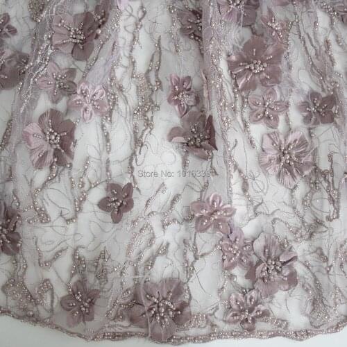 2019 New arrive 1 Yard Heavy Large Leaves Handmade Beads 3D Flowers Feather Wedding / Lace Evening Dress Fabric HY0735