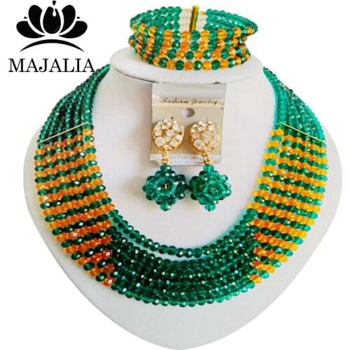 Majalia Fashion Army green and Orange Nigerian Wedding African Jewelry Set Crystal Necklace Bride Jewelry Sets 6CF023