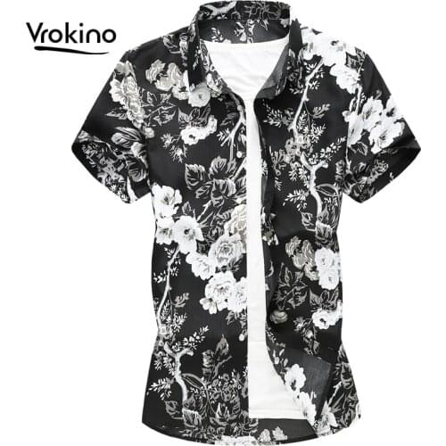VROKINO Brand 5XL 6XL 7XL Summer New In 2019 Mens Casual Large Size Floral Short-sleeved Shirt Mens Beach Hawaiian Shir