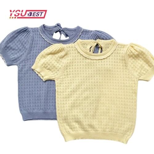 Soft Breathable Girls Shirt Summer Cotton Knitted Vintage Girls Lace Collar Clothing Hallow Out Children Pullovers Princess Tops