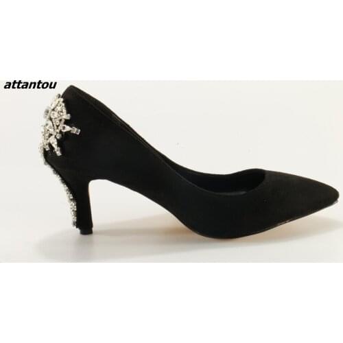 Charming Black Suede Rhinestone Lady Pointed Toe Pumps Shoes Sexy Stiletto Party Dress High Heels Shoes Thin Heel Slip-on Shoes