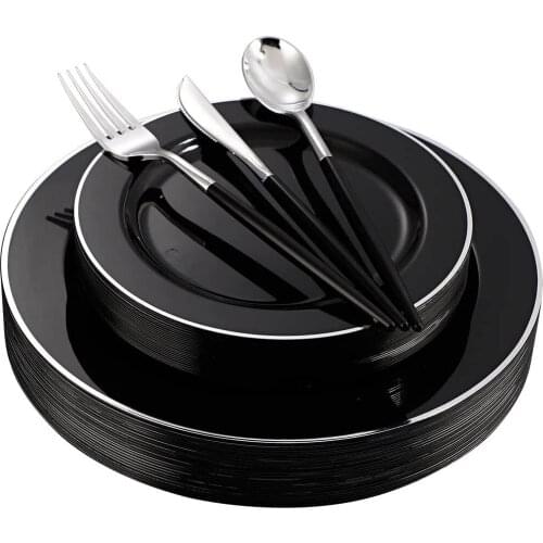 50Pcs Disposable Tableware Black Plastic Tray With Silver Edge Disposable Silverware For Wedding Party Supplies For 10 People