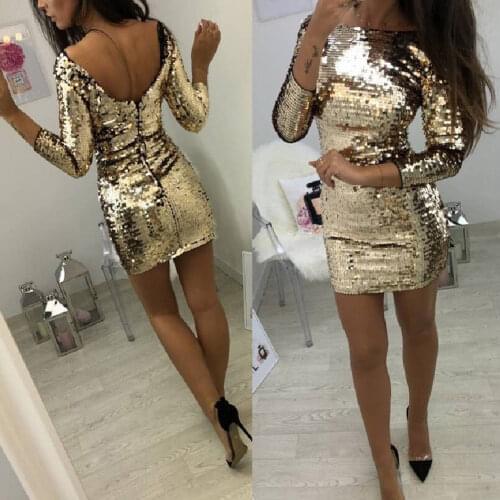 O Neck Autumn Gold Sequined Backless Sexy Dress Women Long Sleeve Mini Dress Christmas Party Club Strap Dresses Vestidos