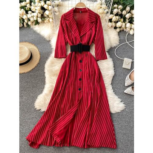 Autumn Winter Womens Notched Collar Single Breasted Striped Long Dress Female 3/4 Sleeve Beige/Green/Red Vestidos With Sashes