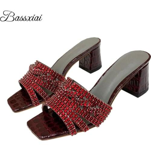 Crystal Rhinestone Sandals For Girls Women Square Open Toe Stone Grain Slingbacks Fretwork Diamond Summer Mules