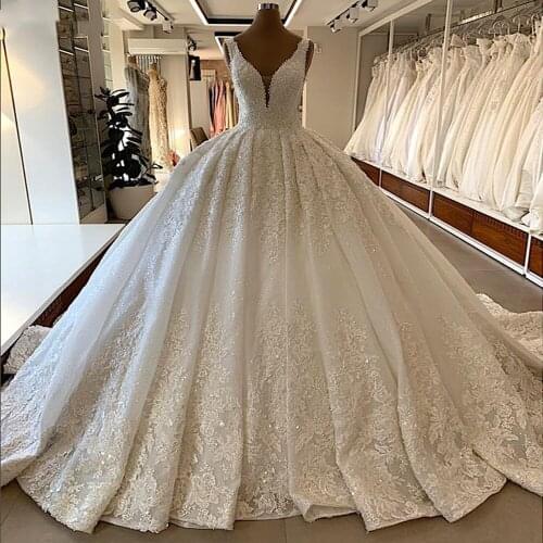 Gorgeous Lace Ball Gown Wedding Dresses V Neck Beaded Crystal Bridal Gowns Plus Size Custom Made Vestidos De Novia
