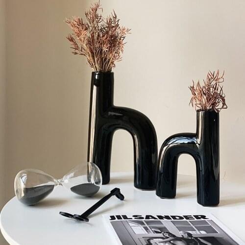 Nordic Ceramic Side Black H-shaped Irregular Letter Vase Decoration Living Room TV Cabinet Desktop Home Decor Ornaments