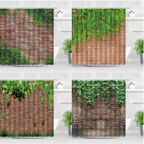Vintage Old Brick Wall Green Plants Shower Curtains Butterfly Vine Retro Scenery Garden Wall Decor Cloth Bathroom Curtain Hooks
