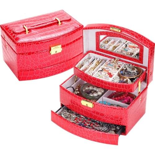 Women Cosmetic Drawers Three-layer Storage Jewelry Organizer Carrying Cases Black Color PU Leather Jewelry Packaging Box