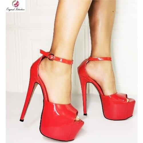2021 New High Platform Thin Heel Sandals Women Fashion Peep Toe Red Patent Leather High Heels Ladies Summer Party Wedding Shoes