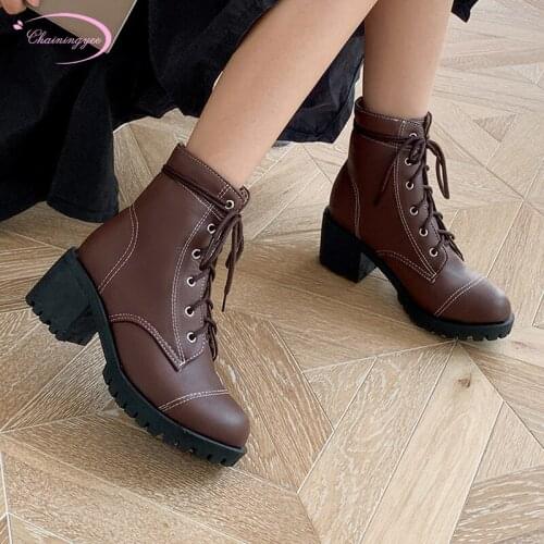 Street style round toe fall ankle boots fashion lace-up black white brown high heel thick motorcycle boots womens shoes