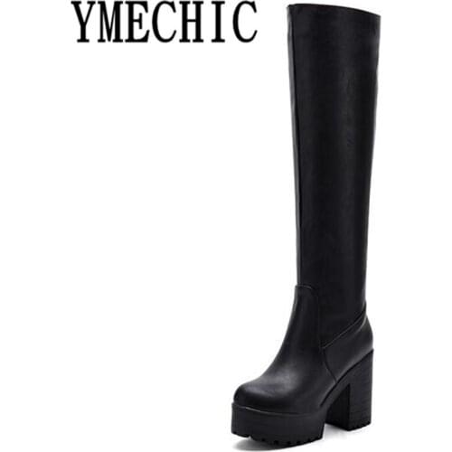 YMECHIC 2017 Unique Knee High Long Boots New Autumn and Winter Women Botas Thick Heel Female Ladies Shoes Size 35-43 A-6