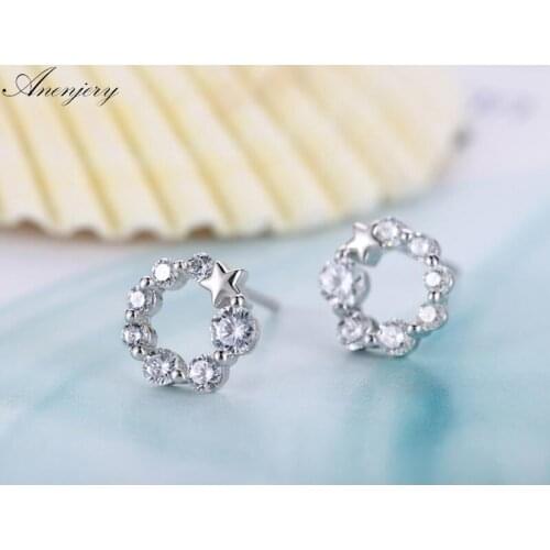ANENJERY 925 Sterling Silver Lucky Star Stud Earrings For Women Cubic Zircon Circle Earrings Gift S-E199
