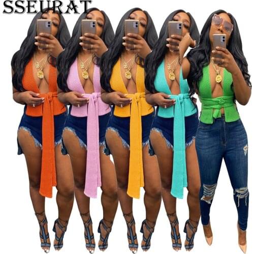 SSEURAT Women Tops Solid Sleeveless Asymmetrical Bandage Sashes Backless Tanks Tops Sexy Fashion Clothing Summer