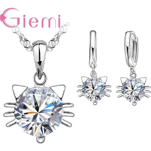 Round Cubic Zirconia Cat Shape Pendant 925 Sterling Silver Jewelry Sets for Women Girls Party Necklace Earrings