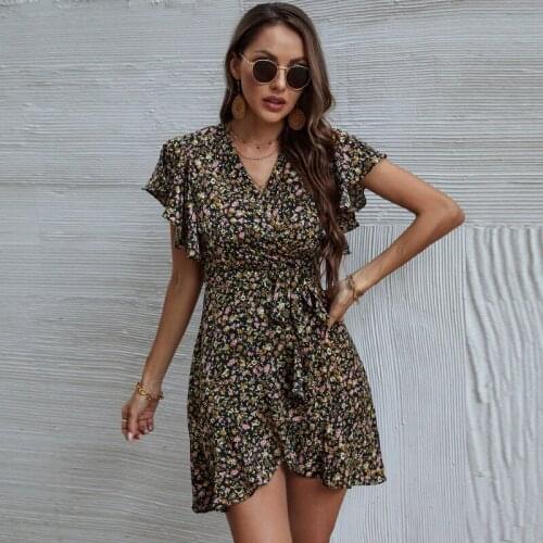 Ladies Black Sexy Tight Mini Dress Womens 2021 New Summer Casual All Match Puff Sleeve V Neck Chiffon Dress For Fashion