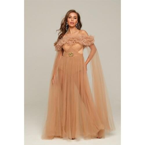 High Quality Celebrity Slash Neck Fur Mesh Nude Maxi Long Dress Womens Party Dress