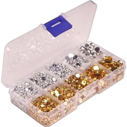 1 Box ABS Half Round Pearls Flatback Pearl Beads for DIY Phone Nail Face Art, Mixed Sizes 3/4/5/6/8 mm(Gold, Silver)