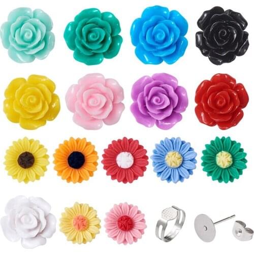 1 Set Mixed Color Flower Resin Cabochons 304 Stainless Steel Ear Nuts Earring Stud Iron Pad Ring Base for Jewelry Making
