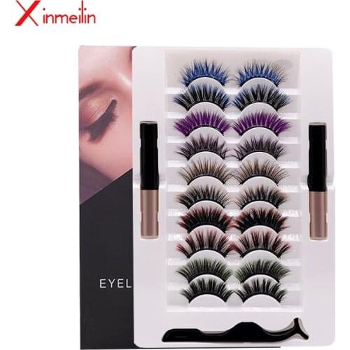 10 pairs mixed magnet color false eyelashes Bulk 2pcs Tube magnetic Eyeliner 1pc Tweezer set Reusable Beauty Lash Extension Kit