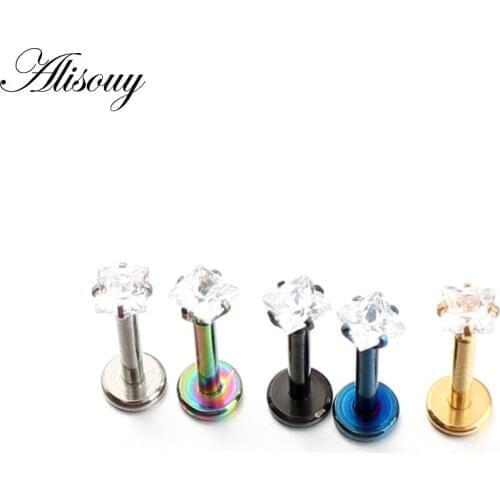 Alisouy 1 piece Steel Labret Lip Ring Zircon Anodized Internally Threaded Prong Gem 16G Tragus Helix Ear Piercing