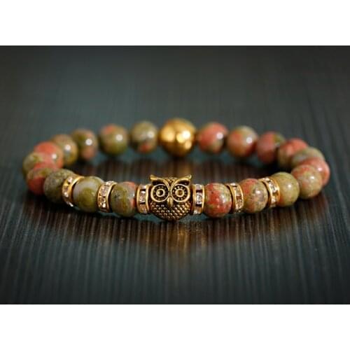 Ethnic Charm Gold Owl Head Bracelets Bangles Classic Natural Stone Beads Bracelet Yoga Jewelry Men Women Pulseras Mujer Bijoux
