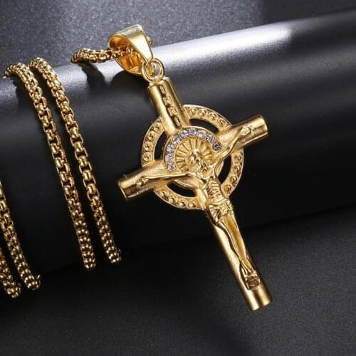 2021 new gold Christian Stainless Steel Diamond Pendant Necklace mens fashion jewelry cross Jesus Cross Pendant Chain