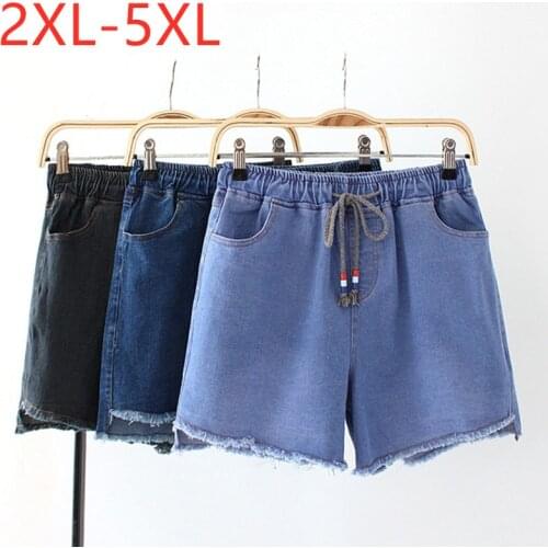 New Ladies Summer Plus Size Jeans Shorts For Women Large Slim Elastic Cotton Blue Gray Belt Pocket Denim Shorts 2XL 3XL 4XL 5XL