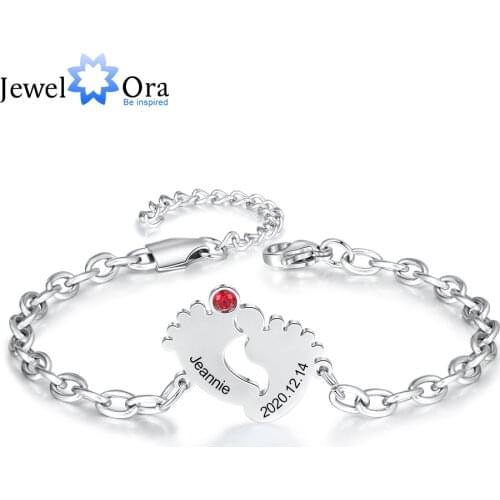JewelOra Personalized Engraving Name & Date Baby Feet Charm Bracelet Stainless Steel Custom Birthstone Bracelet Gifts for Mother