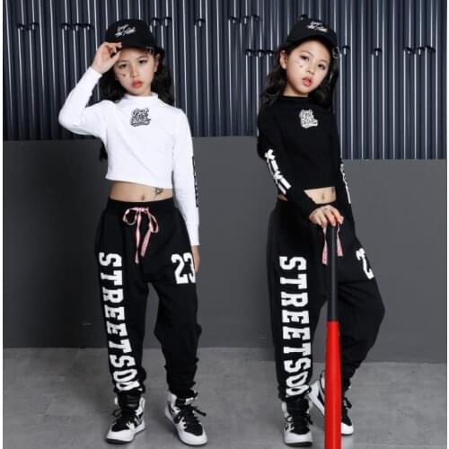 Two Pieces Girls Pant And White Black Crop T Shirt Sets Cotton Long Sleeve Kids Hip Hop Dance Costumes For Stage Jazz Clothing