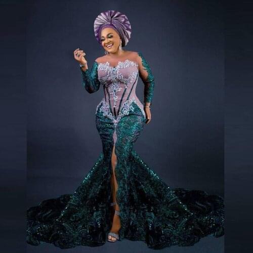 Lace Plus Size Mermaid Evening Dresses Front Split Long Sleeves Prom Dress For African Women Beads Exposed Boning Party Gowns