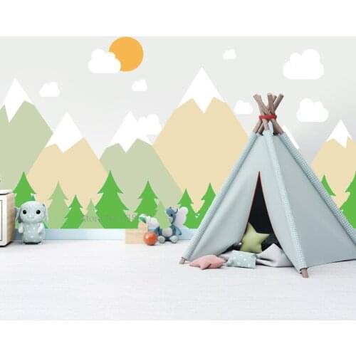 Snow Capped Mountains Cute Nursery Decal Sun and Cloud Tree Playroom Baby Room Decoration Removable Vinyl Wall Stickers BA824