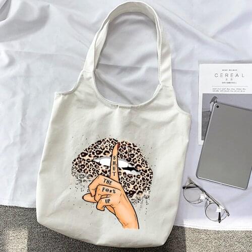 Fashion Leopard Lips Print Canva Women Harajuku Eco Friendly Shopping Bag Reusable Travel Foldable Large Capacity Grocery Totes