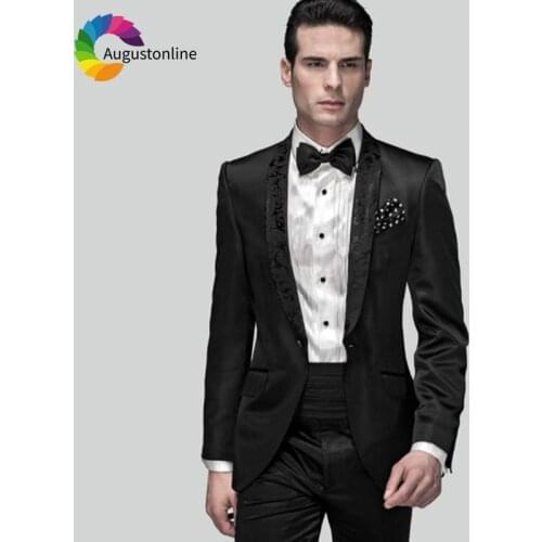 Pattern Floral Lapel Black Men Suits for Wedding Men Suits Pants Custom Made Male Blazers Jacket 2Piece Slim Fit Groom Tuxedo