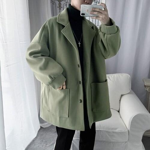 2020 Autumn Winter men new loose casual woolen coat Hong Kong style trend mid-length thick Single-breasted woolen coat jacket 70