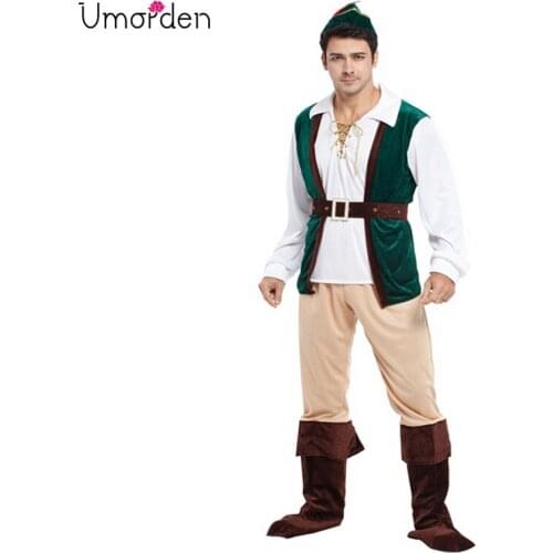 Umorden Purim Carnival Halloween Costumes Adult Man Green Forest Peter Pan Costume Men Robin Hood Forest Prince Cosplay
