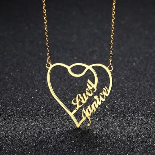 Personalized Two Nameplate Pendant Custom Heart Name Necklace Promise Charm Necklaces Valentines Day Gift Women Jewelry BFF