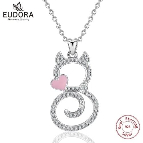 EUDORA NEW 925 Sterling Silver Lovely Cat, Mixed Enamel Heart Clear CZ Necklaces & Pendants Exquisite Women Luxury Jewelry D305