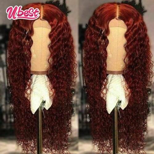 Ubest Burgundy Water Wave Lace Front Wig Brazilian Virgin Curly Human Hair Wigs Pre Plucked 30Inch Transparent Lace Frontal Wig