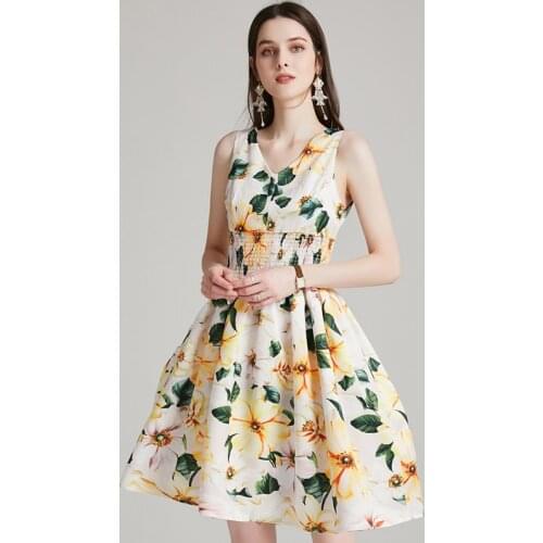 Summer Yellow Camellia Floral Tank Dress Women Elegant V-Neck Flower Print Elastic Waist Holiday Beach Mini Dress k304