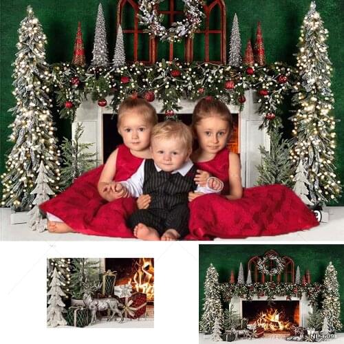 Christmas Fireplace Backdrop Xmas Tree Wreath Winter Interior Baby Birthday Portrait Photography Background for Photo Studio