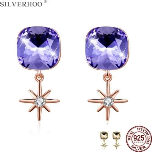 SILVERHOO Earrings S925 Sterling Silver Star Stud Earrings Purple Square Austria Crystal Birthday Party Female Fine Jewelry Gift