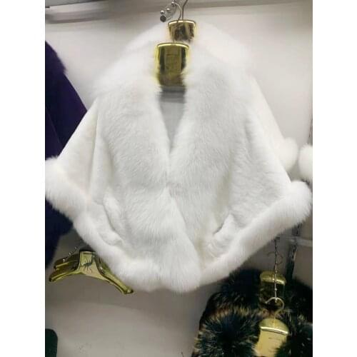 New Genuine real natural rex rabbit Fur Shawl Wrap Cape with big fox fur collar women fashion winter fur coat
