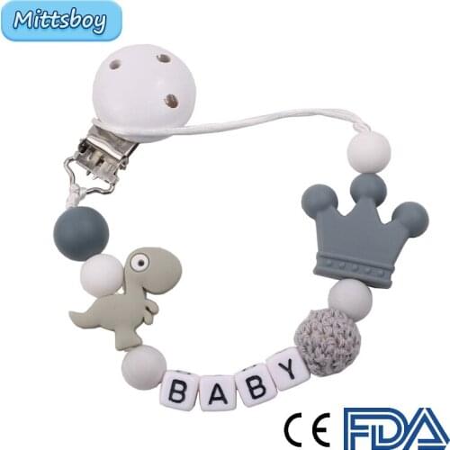 Silicone Round Beads Cartoon Dinosaur Pacifier Clip Chain Strap Cute Dummy Nipple Leash Strap for Infant Toddler Newborn Feeding