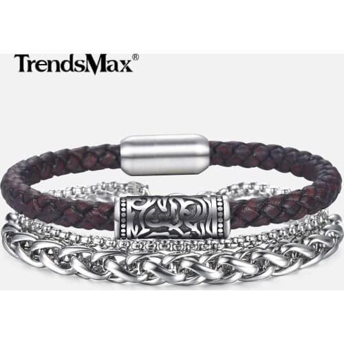 Unique Mens Genuine Leather Bracelet Multilayer Braided Bangles for Woman Hand Charm Stainless Steel Jewelry Gift DLBF34