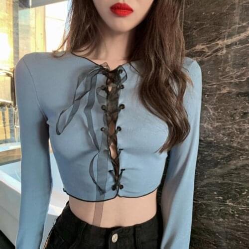 WOMENGAGA Spring Long Sleeve Cross Lace-up Hollow Out Sexy Female Open Navel V-neck Slim Ribbon T-shirt Women 0LSK