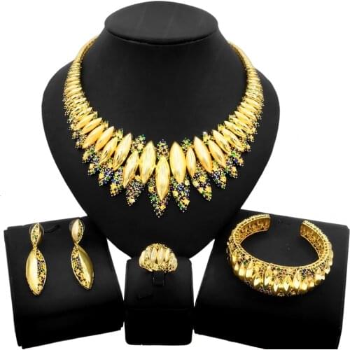 Yulaili Elegant Gorgeous American Brass Stone Cubic Zirconia Crystal Necklace Bracelet Earring Ring Wedding Bride Jewelry Sets