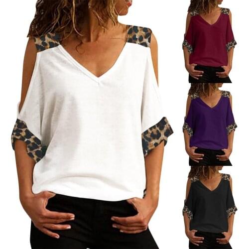 Women Blouse 2XL Plus Size Fashion Half Sleeve V Neck Cold Shoulder Leopard Patchwork T-shirt Blouse Blusas Feminina Top
