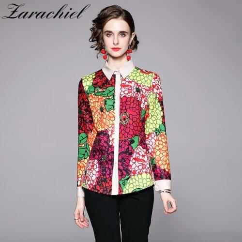 Fashion Autumn Women Floral Blouses Vintage Oversize Long Sleeve Turn Down Collar Single Breasted Tops Flower Print Runway Shirt